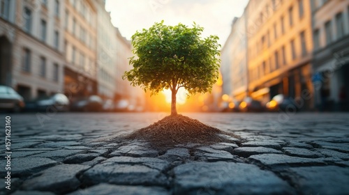 Fototapeta Naklejka Na Ścianę i Meble -  Small tree sprouts in city street at sunset