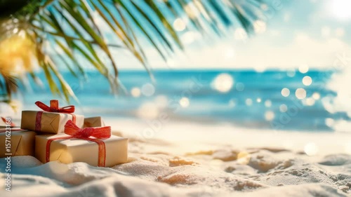 Wallpaper Mural Wrapped gift box on beach sand under palm tree. Vacation holiday destination and celebration concept. Summer festive footage. Torontodigital.ca