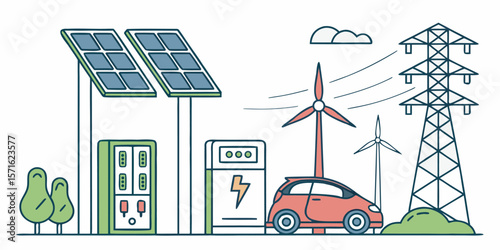 Clean energy sources illustration with solar panels wind turbines and electric car