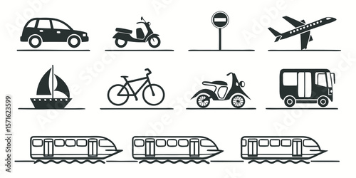 Black and white transportation icons car motorcycle bicycle boat plane train bus