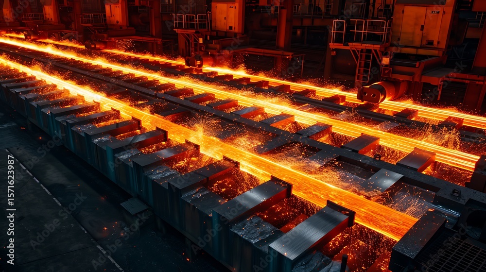 custom made wallpaper toronto digitalModern steel rolling mill with synchronized machinery shaping glowing steel rods.