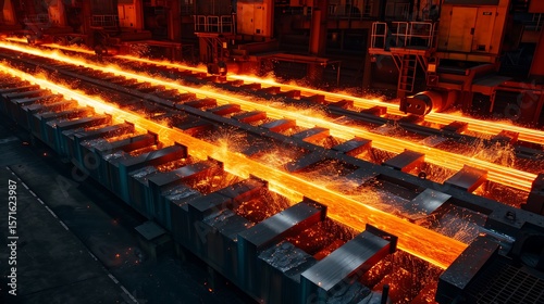 Wallpaper Mural Modern steel rolling mill with synchronized machinery shaping glowing steel rods.  Torontodigital.ca
