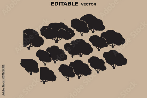 Collection of stylized black tree silhouettes with visible branches on a muted tan background