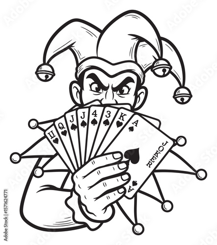 Grinning Joker Holding Playing Cards Illustration in Black and White