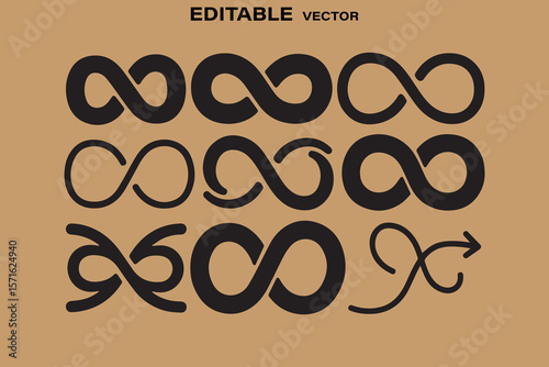 Collection of diverse black infinity symbols and variations on a neutral brown background