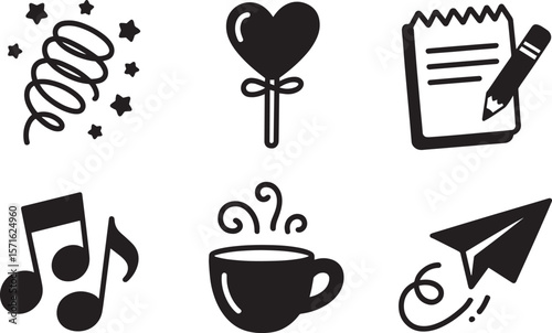 Sweet icons set with coffee heart paper plane love note music writing and celebration streamers