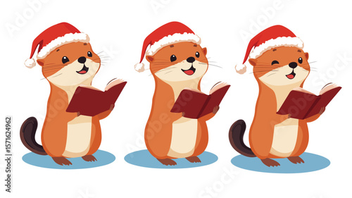 Cute Christmas Weasel Caroling Vector Illustration
