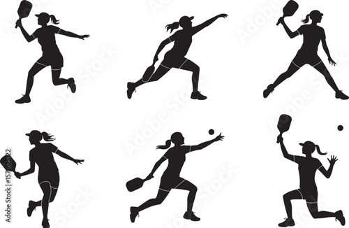 Pickleball female action silhouette showing paddle play running serving and smashing ball shots