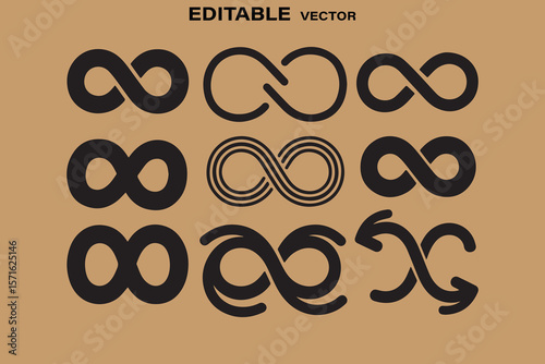 Collection of diverse infinity symbols in black on a tan background representing eternity and endlessness