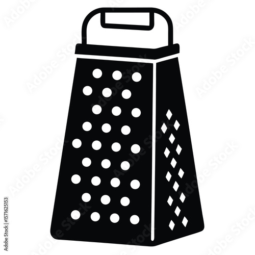 Black and White Grater Silhouette Featuring Circular and Diamond Shaped Openings with Handle
