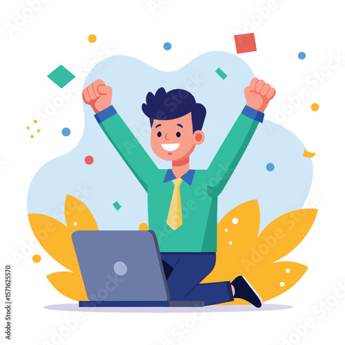 Successful businessman celebrating achievement with arms raised next to a laptop computer