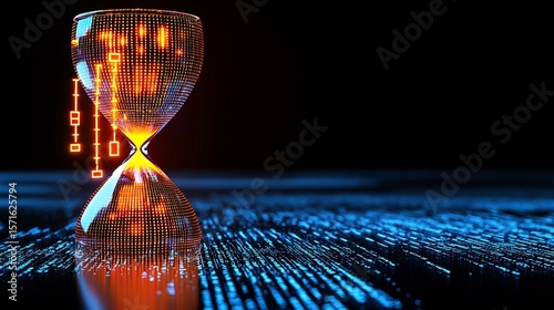 Hourglass dripping neon stock prices into a lake of liquid data