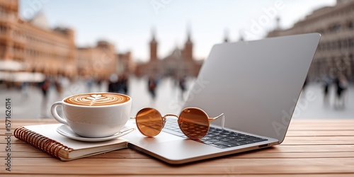 Inviting urban workspace scene with cappuccino laptop and sunglasses for remote work inspiration.