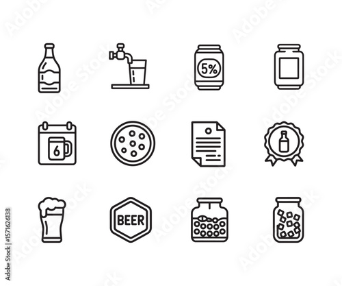 Beer and Brewing Out line Icon Set – Bottle, Tap, Pint, Calendar, and bar Ingredients Vector