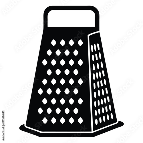 Black silhouette of a foursided grater with different hole patterns for various food preparation