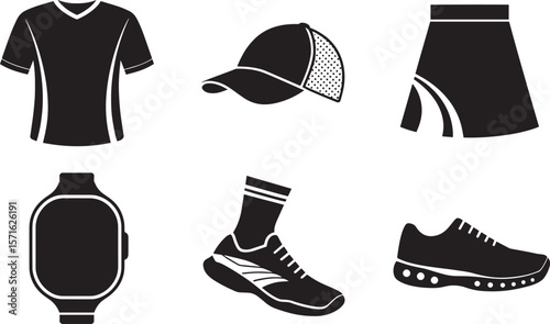 Pickleball clothing icon pack with shirt cap skirt shoes socks and watch in black vector style