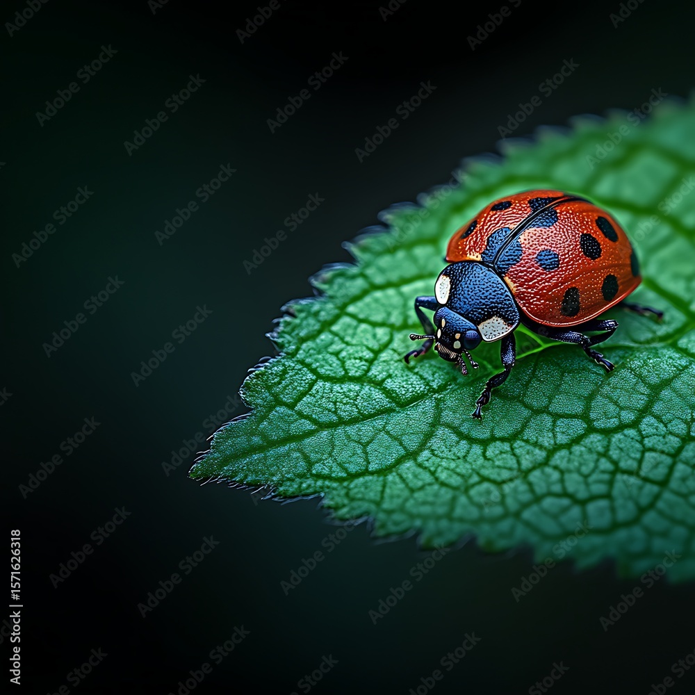 Fototapeta premium A ladybug rests on a vibrant green leaf against a dark background