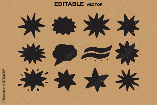 Collection of black abstract star shapes and speech bubble on a beige background editable vector graphics