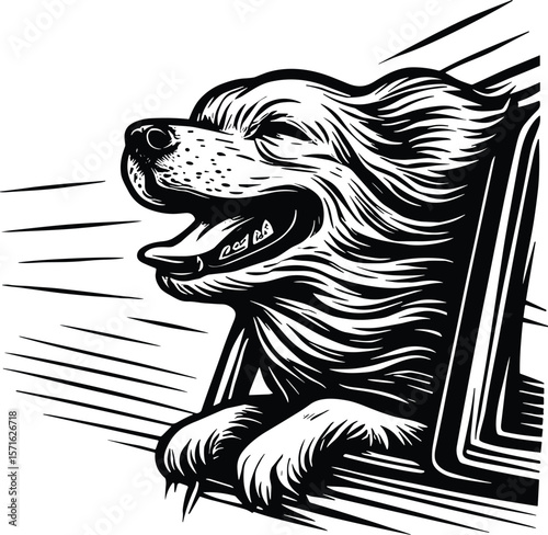 Happy dog with its head out of a moving car window vector black silhouette print design