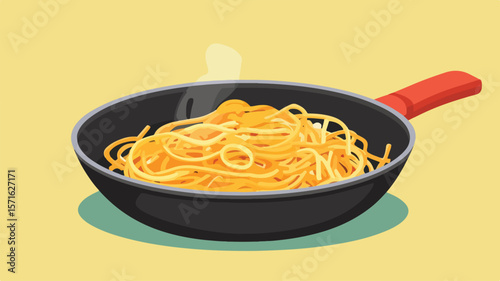 Sizzling Noodles in Pan - Culinary Delight with Fresh Ingredients in Flat Vector Style