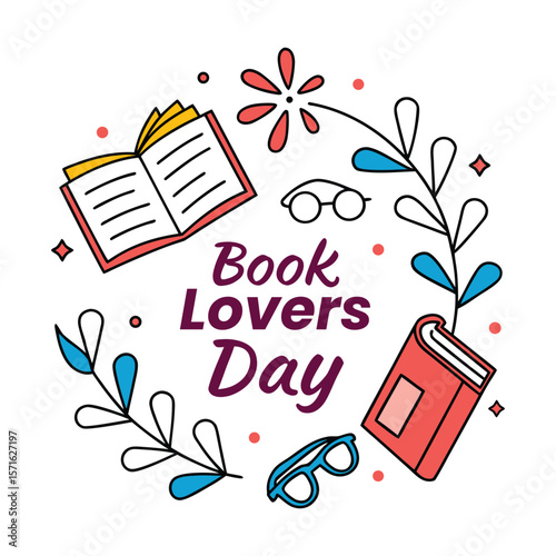Celebrate book lovers day with books glasses and decorative elements