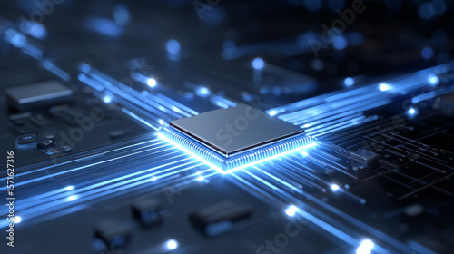 Abstract digital technology background. Isometric AI chip with AI hologram with circuit tech bg. Connected lines electric lightning. Bright light neon blue quantum CPU processor. Vector illustration.