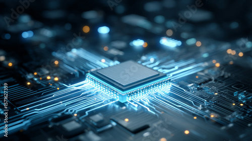 Abstract digital technology background. Isometric AI chip with AI hologram with circuit tech bg. Connected lines electric lightning. Bright light neon blue quantum CPU processor. Vector illustration.