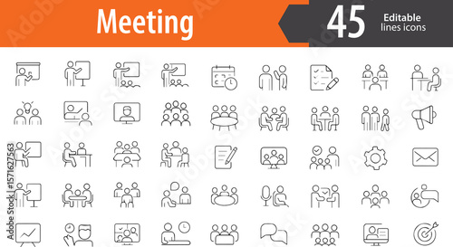 Meeting Line Icons, Conference Table, Team Discussion, Video Call, Calendar Invite, Presentation Board, Editable Formats: AI, EPS, PNG, JPG, Ideal for Both Digital and Print Use
