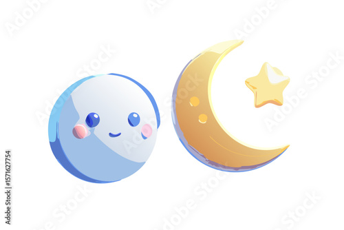 moon, star, and smiling planet isolated on white background.