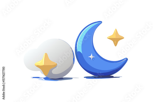 stylized moon and cloud with stars isolated on white background.