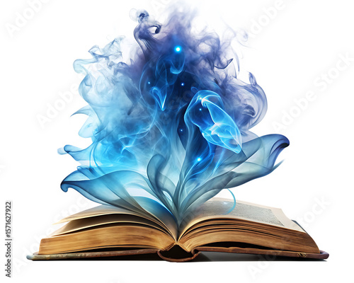  magic book with blue magical smoke isolated on white background PNG, AI GENERATED