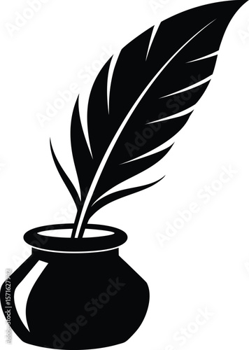 victorian style feather pen and ink pot silhouette on white background