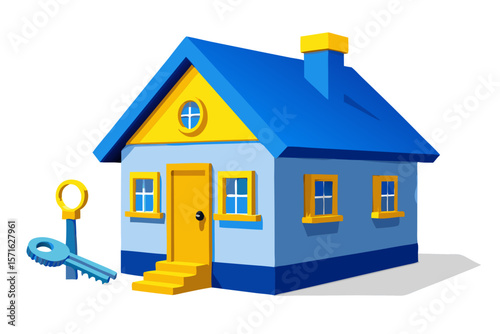 blue house and golden key illustration for real estate isolated on white background.