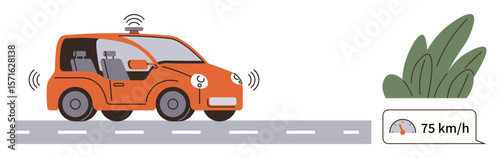 Orange driverless car emitting wireless signals, driving at 75 kmh on a road next to green foliage. Ideal for technology, transport, innovation, sustainability, automation, smart vehicles, future