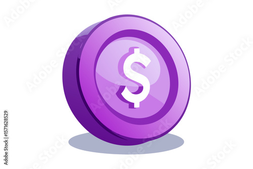 purple 3d coin token with dollar sign symbol and gradient shading isolated on white background.