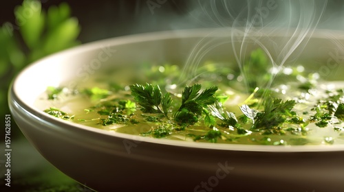 Artistic close-up depiction of a steaming clear soup bowl accentuated by evenly sprinkled vibrant fresh parsley, illuminated by natural lighting and rich textures.