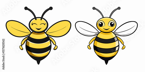 cartoon bee illustration colored and outline version with yellow stripes isolated on white background.