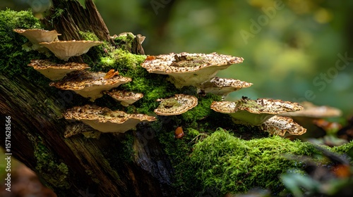 Intricately Detailed Polypores and Bracket Fungi Displaying Natural Decay on a Rustic Tree in Pishiobury Park