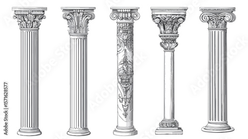 Exquisite Engraved Fluted Columns Illustration Set for Architectural Design Inspiration