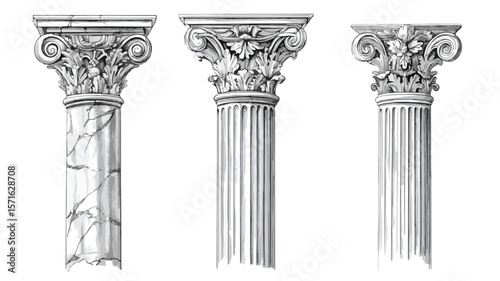 Detailed Engraved Illustration Set of Fluted Columns for Architectural Design Projects