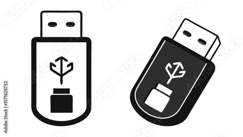 usb flash drive icons in white outline and black filled versions isolated on white background.