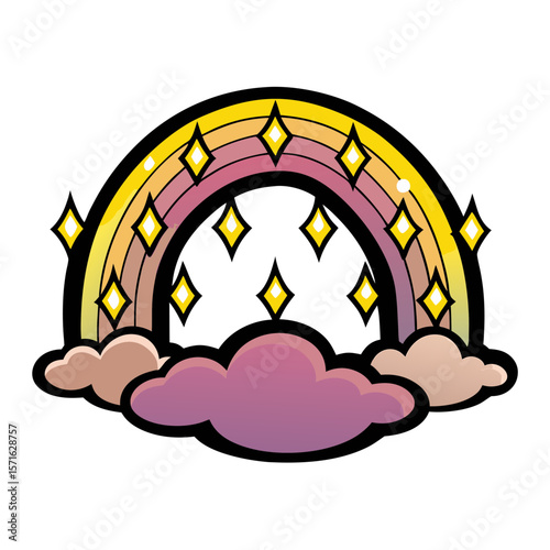 Colorful rainbow with sparkling stars above fluffy clouds, isolated vector image in comic book style, pop art on transparent background  