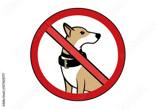 no dogs allowed prohibition sign with colored dog illustration and red symbol isolated on white background.