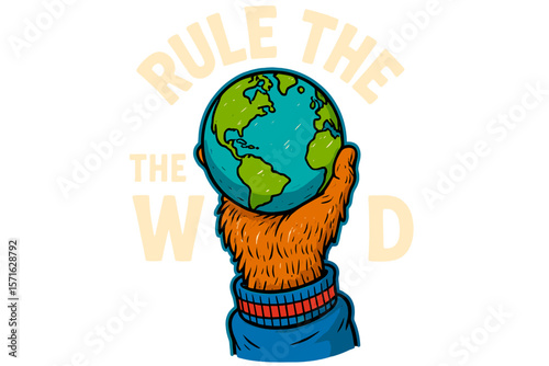 Creative design featuring a hand holding the Earth with a playful motto, showcasing themes of unity and global responsibility