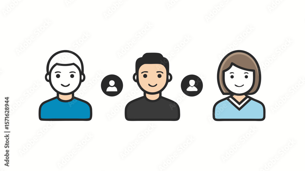 Fototapeta premium connected user avatars with plus signs showing team collaboration icons isolated on white background.