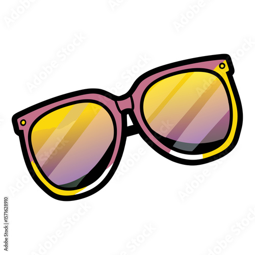 Pink and yellow sunglasses in comic book pop art style, isolated vector image on transparent background
