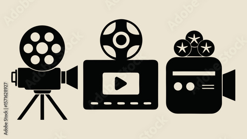 black silhouette film equipment icons with camera projector and reels isolated o white background.