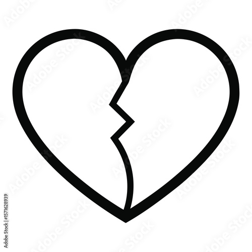 Broken heart silhouette with a clean break line design isolated on white background