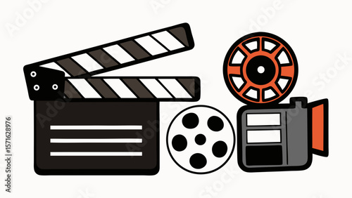 vintage movie equipment with clapperboard film reel and classic camera isolated on white background.