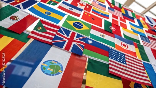 Display of many different international flags representing various countries of the world together